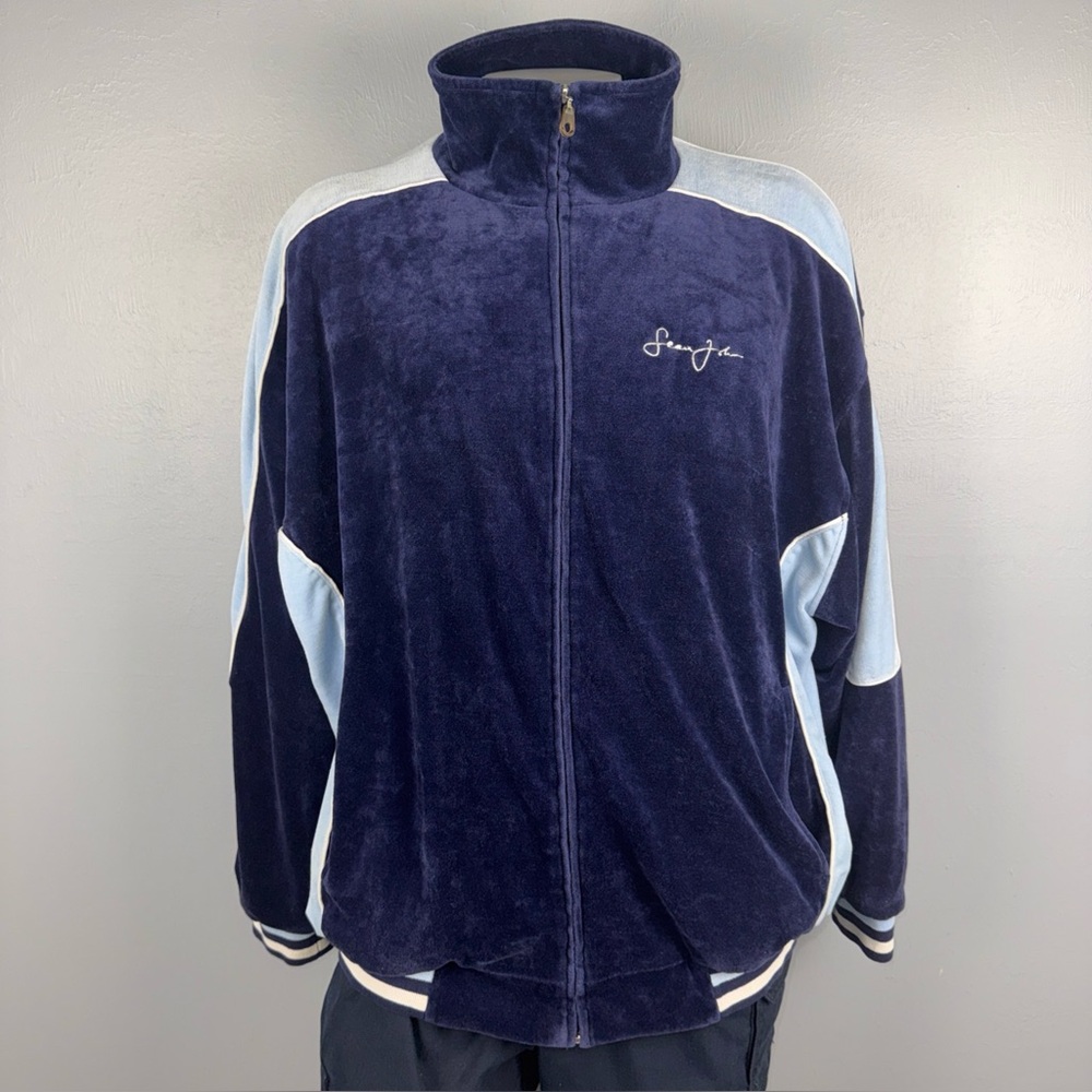 VTG Sean‎ John Track Velour Jacket Men’s XXL Blue Full Zip Long Sleeve Y2K *READ